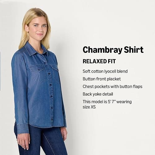 Amazon Essentials Womens Relaxed-Fit Denim Chambray Button-Down Long-Sleeve Shirt thumbnail 4