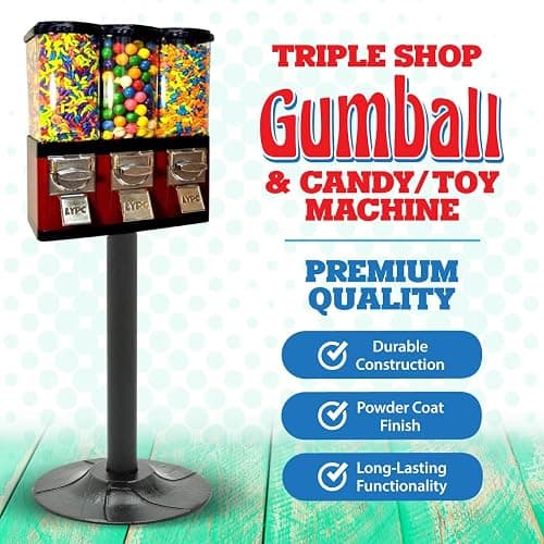 Red Triple Compartment Commercial Vending Machine for 1 inch Gumballs, 1 inch Toy Capsules, Bouncy Balls, Candy, Nuts with Stand by American Gumball Company - Triple Compartment thumbnail 2