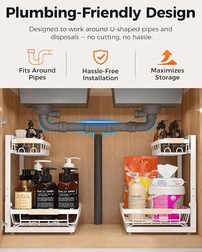 Sevenblue 2-Pack 2-Tier Height Adjustable Under Sink Organizer & Storage | Multi-purpose storage for kitchen & bathroom cabinet. Large white shelf, height adjustable design for space-saving. thumbnail 4