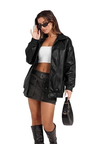 Sampeel Leather Jacket Women Faux Oversized Motorcycle Bomber Coats 2025 Fall Fashion Outfits Winter Clothes thumbnail 2