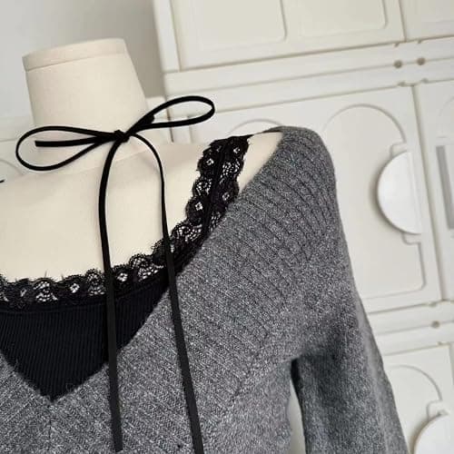 Women Vintage Coquette V-Neck Slim Fit Sweater Y2K Aesthetic Long Sleeve Knitted Pullovers Top thumbnail 6