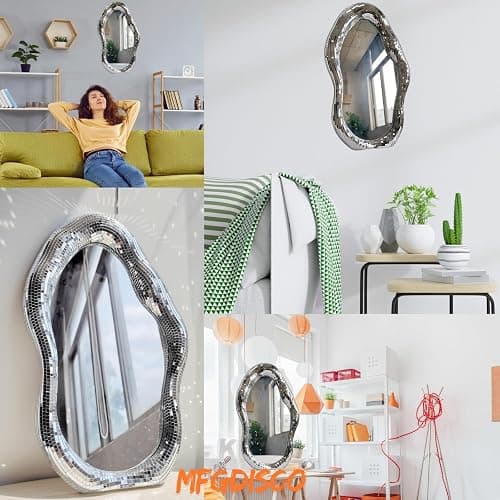 Disco Ball Mirror Wavy, 16"H x 10"W x1.2"D, Funky Table Wall Decor, Large | Unique Funky Ball Decor with Stand, Tabletop Vintage Silver Decorative Mirror, Handmade Gift, Retro, Groovy thumbnail 3