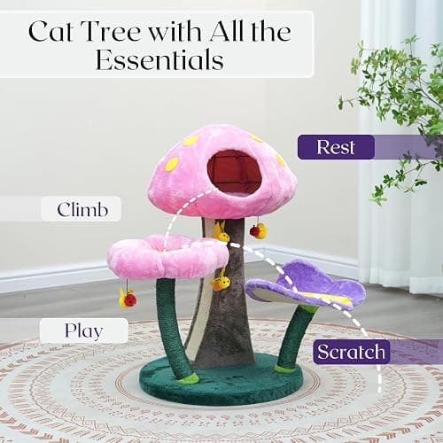 Catry® Wonderland 3-Level 31" Cat Tree with Mushroom Condo, Flower Perch, Sisal Scratching Pad, Parts Replaceable, Garden Style with Bee Toys. Multi- Color thumbnail 3