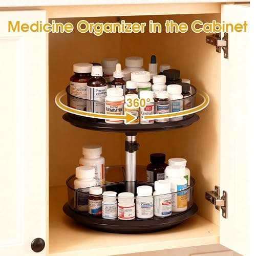 2 Tier Medicine Cabinet Organizer, Rotary Turntable Organizer for Medicine and Vitamin Bottles, Under Sink Organizer for Medicine, Bathroom Cabinet Storage, Tray has Removable Dividers, Easy Assembly thumbnail 6