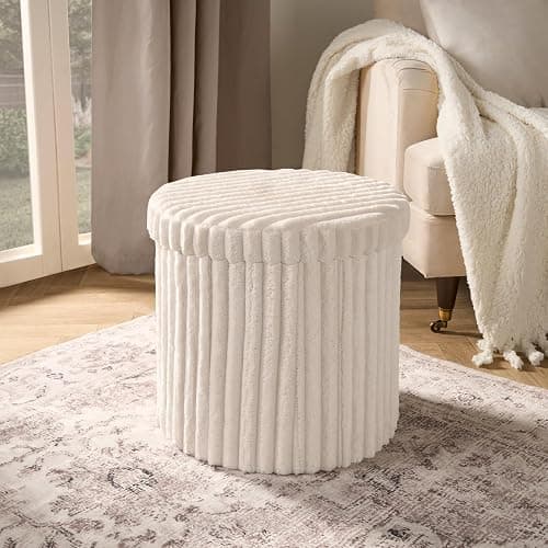 OHS Round Storage Ottoman Box, Decorative Cream Ribbed Ottoman with Lid Space Saving Organising Box for Livingroom Bedroom Footrest with Hidden Storage - Image 1