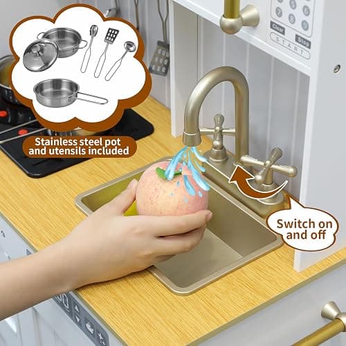 Arlopu Play Kitchen for Kids, Wooden Toy Toddler Kitchen Sets, Sturdy Pretend Cooking Playset with Storage & Accessories, Realistic Light & Sound, Stove, Fridge, Microwave, Removable Sink (White) thumbnail 5