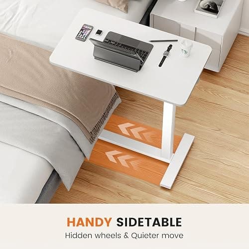 Sweetcrispy Overbed Bedside Table with Wheels, Adjustable Hospital & Home Use Bed Rolling Laptop Table, Mobile Standing Desk, White thumbnail 5