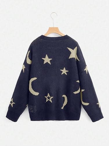 WDIRARA Women's Star Moon Print Long Sleeve Sweater Round Neck Pullover Top | Knitted,Comfortable, Soft,Cute thumbnail 3
