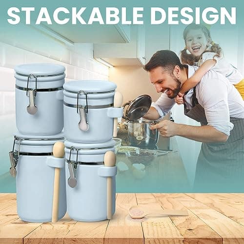 Home Intuition 4-Piece Ceramic Kitchen Canisters Set, Airtight Containers with Wooden Spoons Reusable Chalk Labels and Marker for Sugar, Coffee, Flour, Tea (Light Blue) thumbnail 7