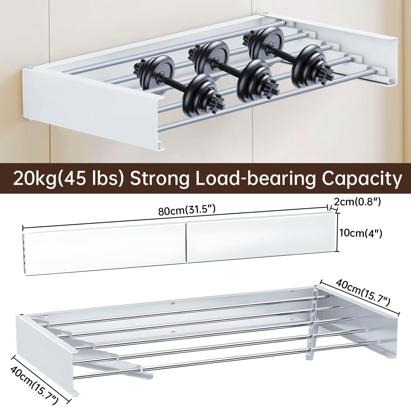 Wall Mounted Drying Rack, Collapsible Drying Racks for Laundry, Foldable Indoor and Outdoor Clothes Rack,Retractable Clothes Drying Rack, 80cm Wide,5 Rods, 45 lb Capacity thumbnail 3