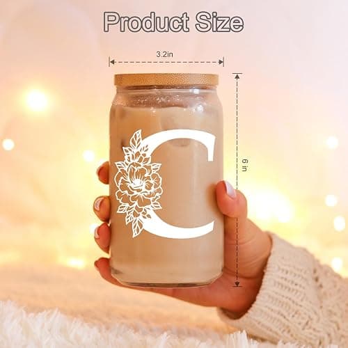Coolife Initial Glass Cup, Monogrammed Gifts for Women, 16 oz Glass Cups w/Lids Straws, Iced Coffee Smoothie Beer Tumbler w/Straw Lid, Personalized Valentines, Birthday Gifts for Her Mom Friend Woman thumbnail 2