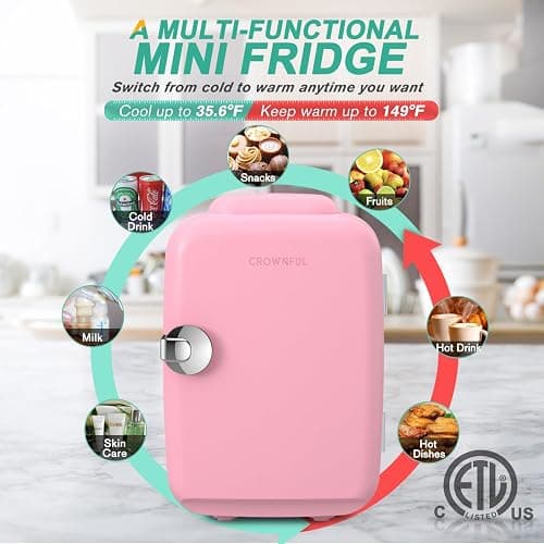 CROWNFUL Mini Fridge, 4 Liter/6 Can Portable Cooler and Warmer Personal Refrigerator for Skin Care, Cosmetics, Beverage, Food,Great for Bedroom, Office, Car, Dorm, ETL Listed (Pink) thumbnail 4