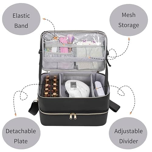 Nail Polish Organizer Bag Holds 50+ Bottles (15ml/0.5 fl.oz) &UV Nail Lamp | Portable Durable Gel Polish Travel Case Bag for Nail Suppiles, Gifts for Women, Manicurist Nail Kit Bag, PU Leather Black thumbnail 4