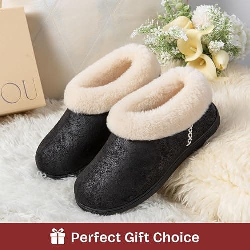 EverFoams Women's Microsuede Cozy Memory Foam Winter Slippers with Fuzzy Faux Fur Collar and Indoor Outdoor Rubber Sole thumbnail 3