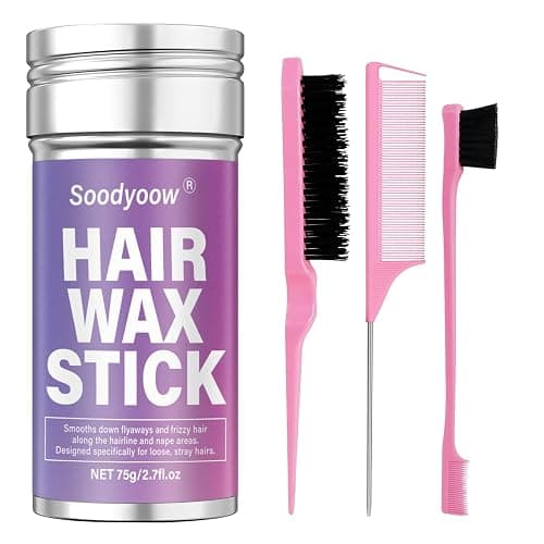 Soodyoow 75g Hair Wax Stick & Slick Back Hair Brush, Non Greasy Anti Frizz Hair Styling Kit for Taming Flyaways, Smoothing Frizz, Sleek Ponytails, Styling Accessories for Women, Girls, Pink - Image 1