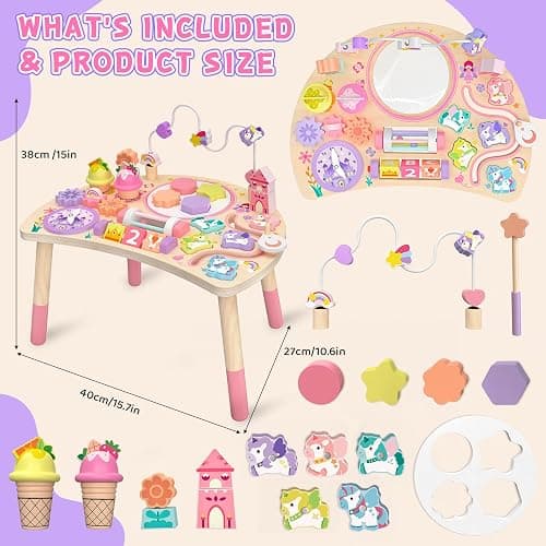 Hewaurorion Wooden Activity Table for Toddlers 1-3, Unicorn 10-in-1 Montessori Busy Board with Bead Maze Shape Matching Gears Clock, Sensory Learning Toys for 1 2 3 Year Old Girls Boys Birthday Gift thumbnail 2