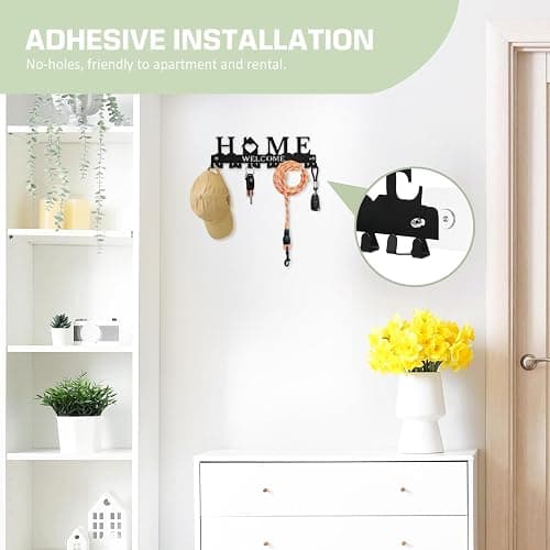 HOMEBROS Key Holder Wall Mount, Adhesive Metal Key Hanger with 6 Double Hooks, 2 Installation Methods, Black thumbnail 5
