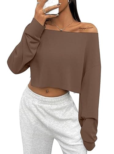 Avanova Women Off The Shoulder Crop Tops Long Sleeves Boat Neck Oversized Loose Tee Shirts - Small - Brown thumbnail 4