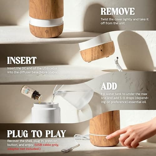 Essential Oil Diffuser, 100ml Aromatherapy Diffuser, Mini Ultrasonic Diffuser for Essential Oil, Home, Office, Cool Mist Humidifier with 7 Led Light, Auto Shut-Off, Wood Grain thumbnail 7