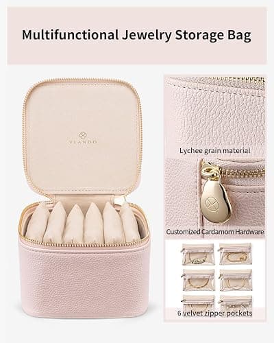 Vlando Gifts for Teachers,Jewelry Box with 6 Velvet Jewelry Bags Travel Jewelry Storage for Women Girl Jewelry Organizer Necklace Rings Earrings Bags Gifts for Women(Pink) thumbnail 4