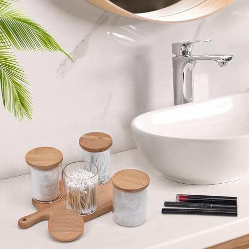 BKYFPQ 4 Pack Glass Qtip Holder Dispenser Set - Apothecary Jars with Lids for Vanity Makeup Organizer - Bathroom Canister Storage Organizer for Cotton Ball,Swab,Round Pads,Floss - 4pcs thumbnail 6