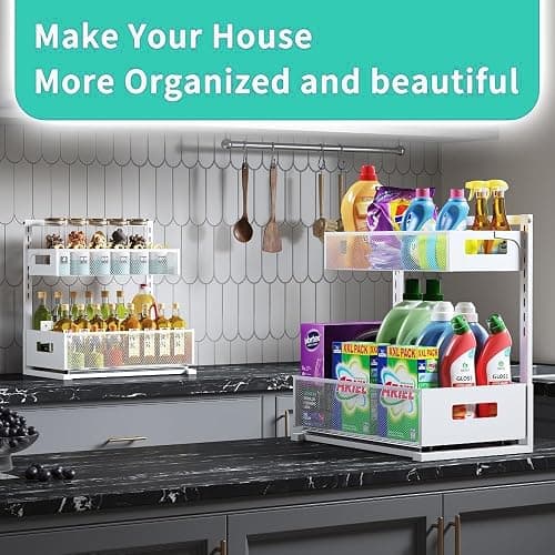 Petiza Under Sink Organizer Adjustable Height 2 Tier Bathroom Organizer Pull Out Cabinet Organer kitchen organizers and storage fridge organizers and storage,White,XL-1 Pack thumbnail 8