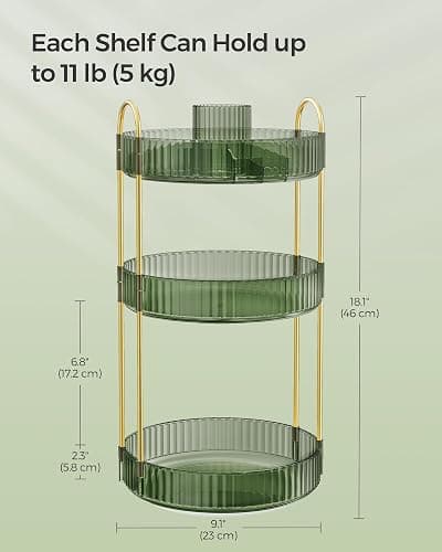 SONGMICS Makeup Organiser Rotating, 3-Tier Round Skincare Organiser, Customisable, Toiletries Cosmetics Organiser, Gift, Pale Green JKA011C01 thumbnail 5
