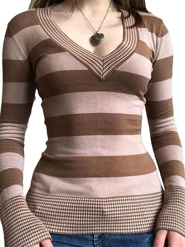 FeMereina Women's Y2K Striped Long Sleeve Crop Tops V-Neck Knitted Pulolver Vintage Aesthetic T-Shirts Fairy Grunge Slim Fitted Teen Girls Blouses thumbnail 2