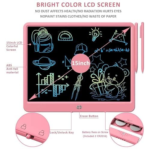 FLUESTON LCD Writing Tablet, Doodle Board Toys Gifts for 3-8 Year Old Girls Boys, 15 Inch Colorful Electronic Board Drawing Pad for Kids, Gifts for Toddler Educational Learning Travel Birthday, Pink thumbnail 7