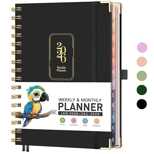RETTACY 2026 Planner, Weekly and Monthly, Medium Size (5.7" x 8.3"), Jan - Dec 2026, Agenda, Calendar, 12 Month Tabs, Hardcover, 100 GSM Thick Paper, Spiral-bound (Black) - Image 1