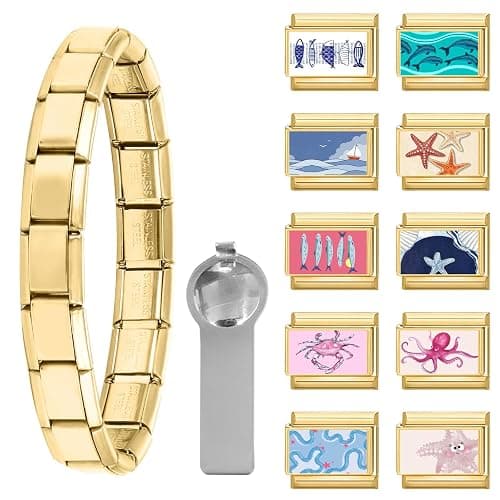 papasgix Italian Charm Bracelet Charms Gold Silver Set with 1pc Starter Brascelet, 10pcs Assorted Italian Charms for Bracelets and 1pc Opening Tool, 9mm Modular Italian Charm Bulk Pack Links Handmade DIY Jewelry - Image 1