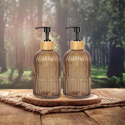 Ulable Amber Glass Soap Dispenser with Pump, 2 Pack 13.5oz Vertical Stripe Design Hand Soap Dispenser for Hand Wash, Dish Wash, Elegant Dispenser for Bathroom and Kitchen thumbnail 6