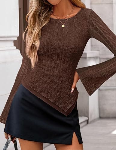 ZESICA Womens 2026 Spring Summer Lace Mesh Sleeve Tops Going Out Double Lined Slim Fit Asymmetrical Shirts Date Night Outfit thumbnail 3