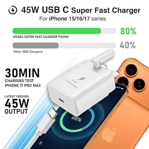 45W USB C Fast Charger For iPhone 17e 17 16 15 Pro Max Charger Plug [2M] | USB C Fast Charging Cable 65W iPhone 17 16 16e 15 Pro/Max/Plus/Air High Speed Adapter UK 3 Pin USB C Plug Samsung S26/S25 thumbnail 2