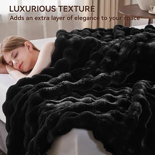 Anysay Faux Fur Throw Blanket, 1000GSM Fluffy Soft Bubble Blanket for Couch Bed, Cozy Plush Warm and Thick Blanket, Fuzzy Rabbit Lola Throw for Living Room Bedroom 90''*104'' Black thumbnail 6