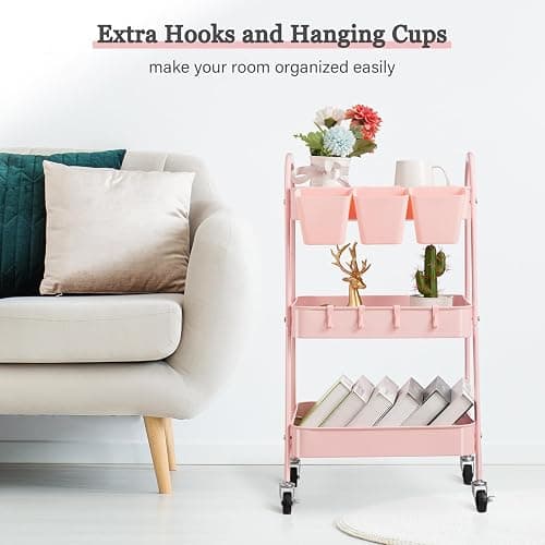 danpinera 3-Tier Rolling Cart, Utility Cart Mobile Metal Rolling Storage Cart with Lockable Wheels & Hanging Cups & Hooks for Kitchen, Bathroom, Office, Workshop, Pink thumbnail 8