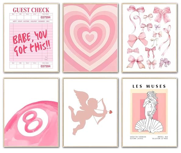 Pink Wall Art Posters - Aesthetic Prints, Cute Dorm Posters, Preppy Wall Decor with Heart & Bows - Set of 6 for Room Decor, Teen Girls Bedroom, College Dorm - Image 1