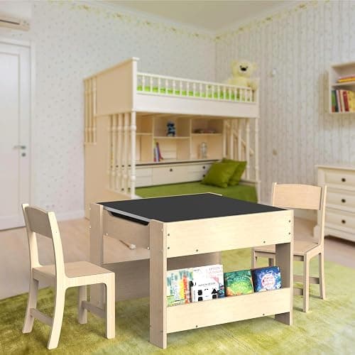 4-in-1 Kids Wooden Activity Desk & Chair Set – Birch Plywood Table with Reversible Whiteboard & Chalkboard, 3 Storage Areas for Toddlers’ Learning, Art, and Play(1-4 Years) thumbnail 2