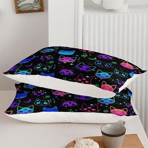 Axolotl Neon Cats Twin Cute Gradient Cat Bed Sheets, Flat & Fitted Sheet 2 Pillow Cases, Black thumbnail 6