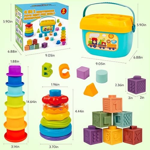 GJOF2YK Montessori Baby Toys for Ages 6–18 Months with Sensory Shape Sorter Matching Game Toy Stacking Ring Soft Building Blocks Developmental Learning Toys for Toddlers 1+ Year Old thumbnail 2