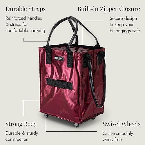 (Medium, Cosmic Red) Reusable Grocery Bag On Wheels, Shopping Trolley, Rolling Tote, Zipper Closure, Lightweight, Carries Up to 66 lb, Folds Flat, Unbreakable Handles thumbnail 7