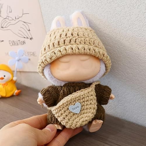 Clothes for Labubu(NO Doll) , Handcrafted Crochet Set for Labubu Clothes 15cm/17cm Doll, Premium Doll Outfit with Accessories, Stylish Doll Clothes for Labubu Accessories(Knitted) (Kakhi) - Kakhi thumbnail 2
