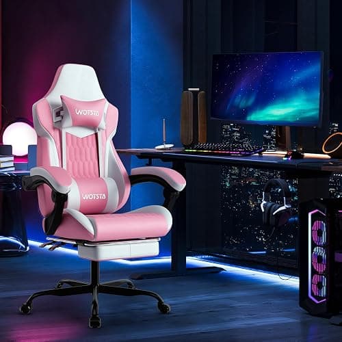 WOTSTA Gaming Chair with Footrest, High Back Gaming Chairs PVC Leather Ergonomic Gamer Chair with Adjustable Headrest Lumbar Support Racing Style Video Gaming Chair for Office/Home (Pink) thumbnail 2