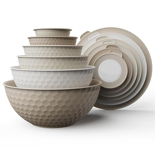 COOK WITH COLOR Mixing Bowls with Lids - 12 Piece Plastic Nesting Bowls Set includes 6 Prep Bowls and 6 Lids, Microwave Safe Mixing Bowl Set, Brown Embossed - Image 1