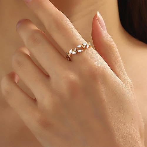 cotwdi Gold Rings Non Tarnish Silver Adjustable Rings for Women Cubic Zirconia Leaf Ring Dainty Silver Stackable Ring for Women thumbnail 2