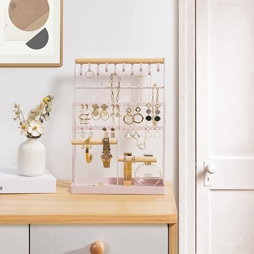 ProCase Jewelry Organizer Stand Necklace Organizer Earring Holder, 6 Tier Jewelry Stand Necklace Holder with 15 Hooks, Jewelry Tower Display Rack Storage Tree for Bracelets Earrings Rings -Pink thumbnail 4