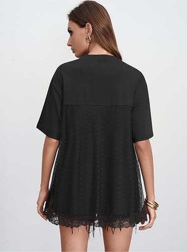 CSDAJIO Trendy Crew Neck Oversized T Shirts for Women Short Sleeve Loose Graphic Tee Summer Lace Top thumbnail 2