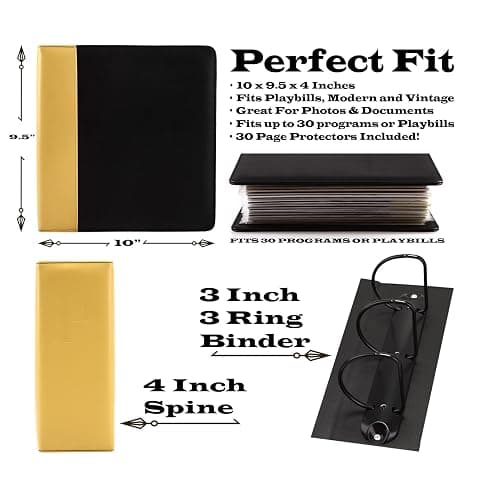 2Fold Binder for Holding Broadway Play Program and Theater Programs with 30 Custom Sheet Protectors - PU Leather - Fits Programs from Mid 1980s to Modern (Yellow/Black EmbossedP) thumbnail 3