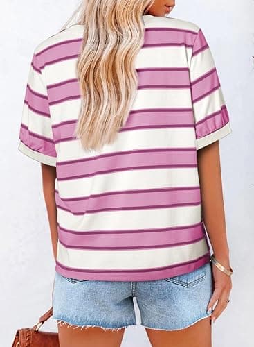 Dokotoo Womens Summer Tops 2025 Striped Color Block Short Sleeve T-Shirts Crewneck Casual Loose Basic Tee Blouses thumbnail 2