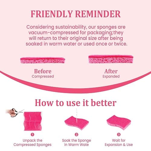12 Pack Non-Scratch Kitchen Sponges, S-Shaped Pink Dish Sponges for Kitchen | Biodegradable Cellulose & Non-Scratch Scrubber, Household Gentle Cleaning Sponges for Pots Pans Stemware Porcelain Bathroom thumbnail 4